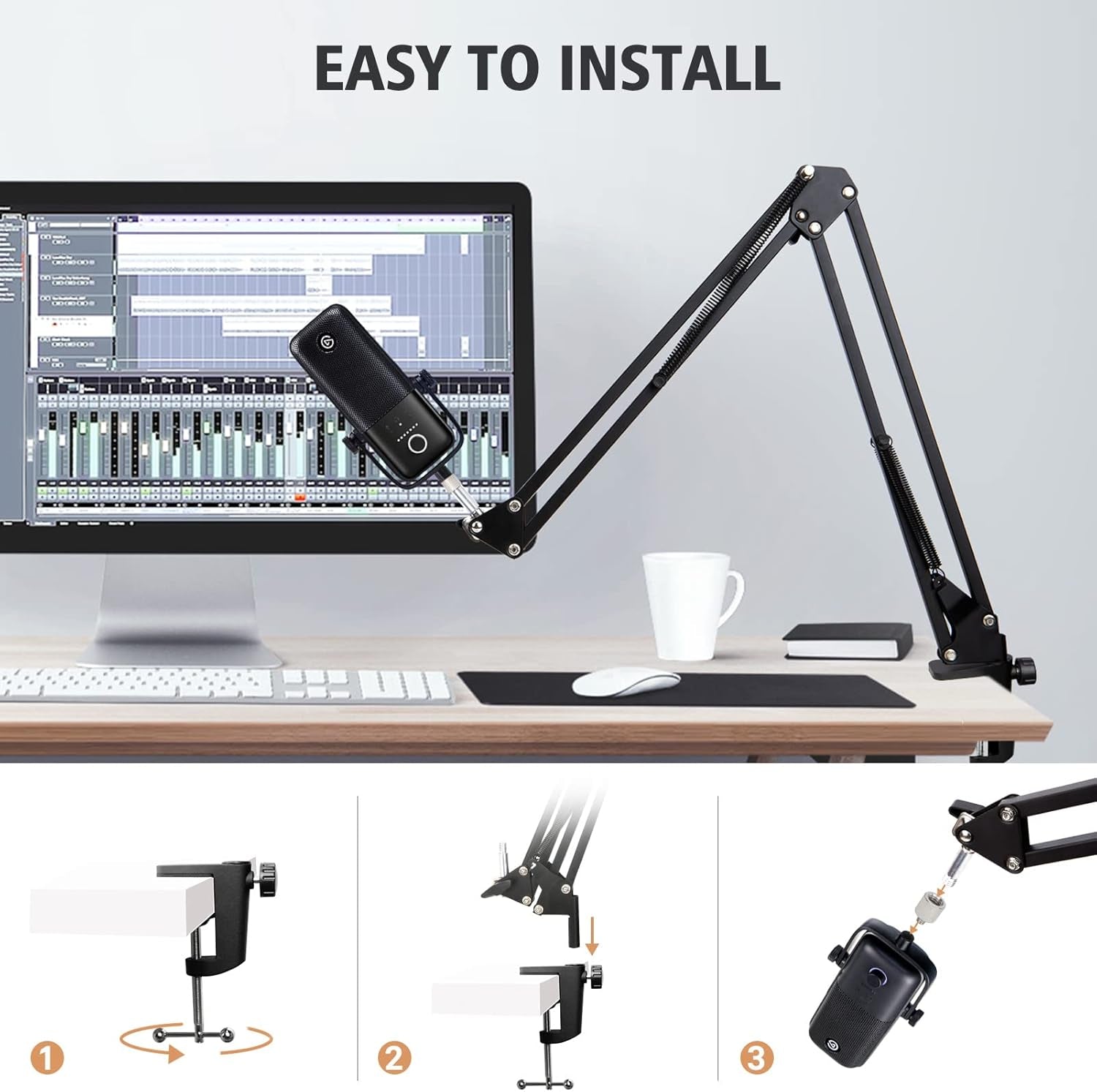 Boom Arm Mic Stand Compatible with Elgato Wave 3, Adjustable USB Mic Holder