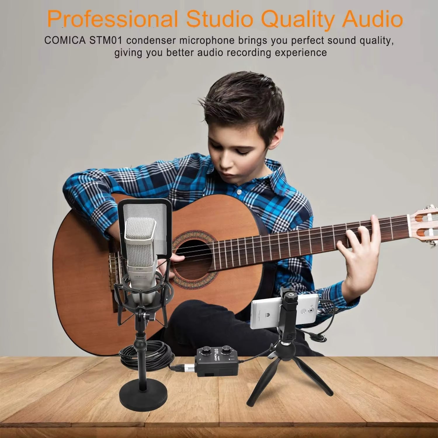 STM01 Professional XLR Condenser Cardioid Microphone Support 24V/48V Phantom Power with Large Diaphragm, All Metal Shield