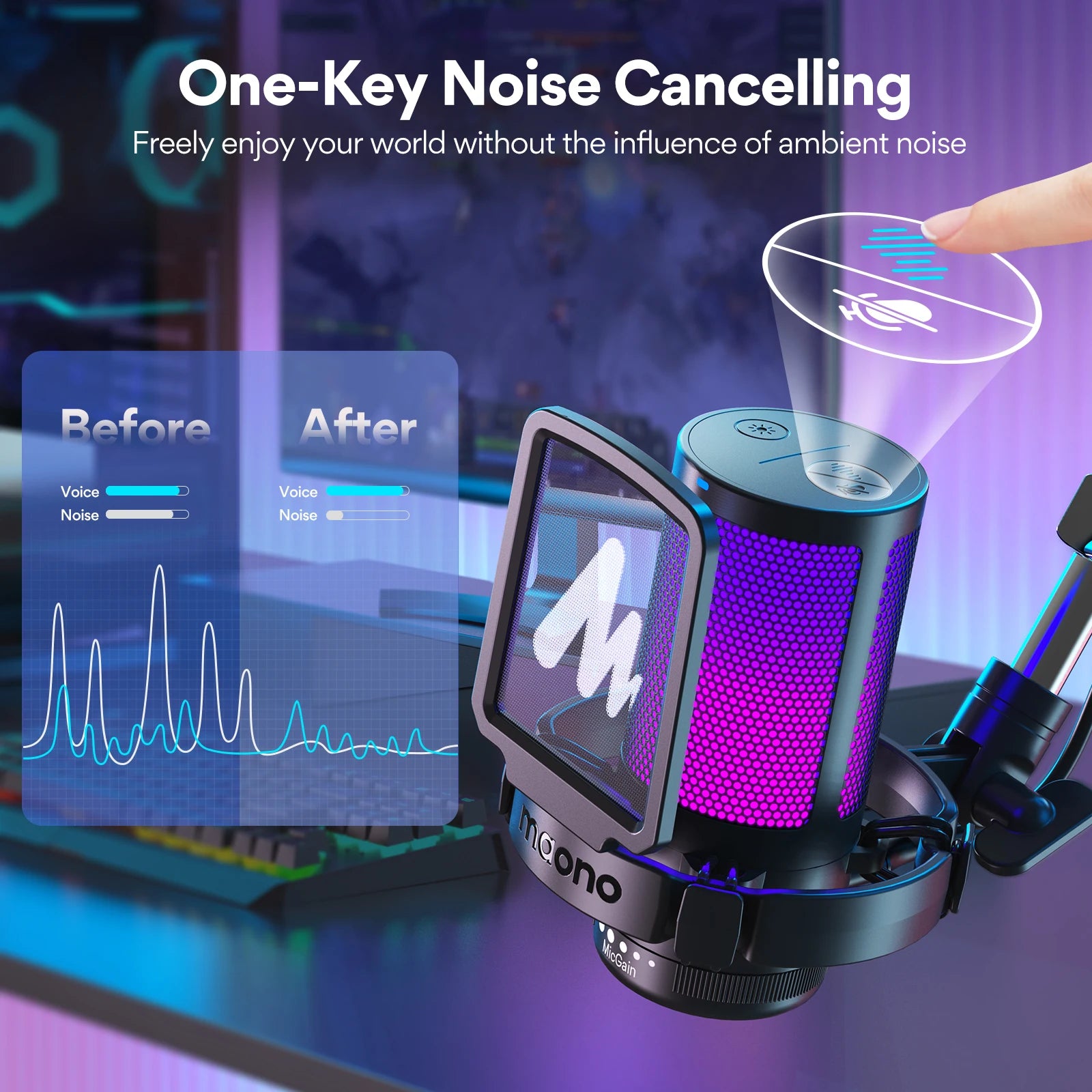 DGM20S USB Microphone Gaming Mic Condenser Mic RGB Mic Noise Canceling Mic with Mic Gain,Rgb Light,One Key Mute