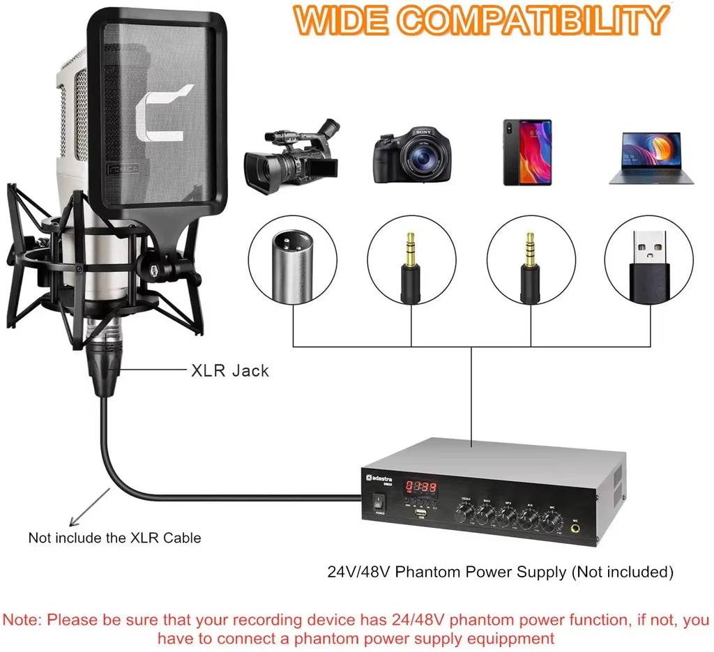 STM01 Professional XLR Condenser Cardioid Microphone Support 24V/48V Phantom Power with Large Diaphragm, All Metal Shield