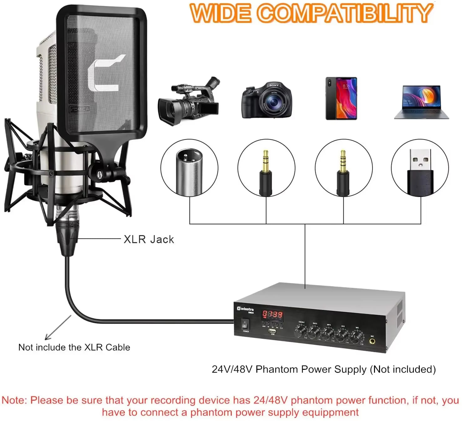 STM01 Professional XLR Condenser Cardioid Microphone Support 24V/48V Phantom Power with Large Diaphragm, All Metal Shield